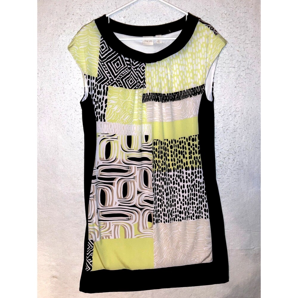 Chico's Black White Neon Yellow Knit Sleeveless Dress 2 US 12 Abstract Lined